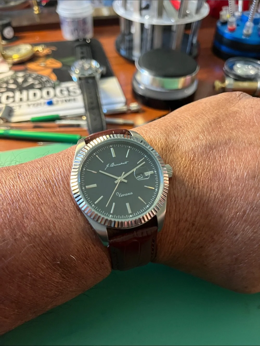 J. Brackett Verona Men's Watch — Grey Dial, Burgundy Leather Strap